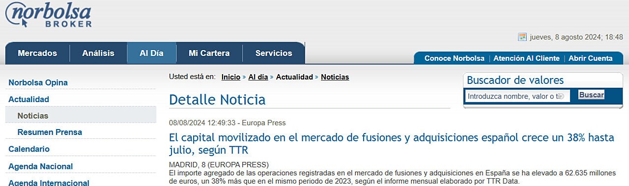 El capital movilizado en el mercado de fusiones y adquisiciones espaol crece un 38% hasta julio, segn TTR